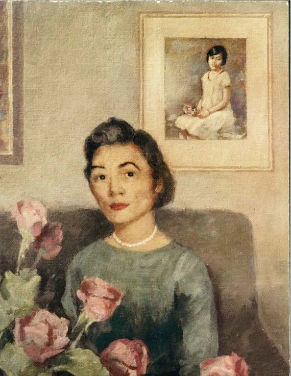 A 1964 oil painting of Fuji Hale Adamson Stephens Woon by Homer Ansley of San Francisco, from two photographs of her at different ages.